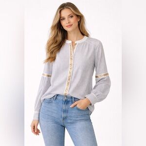 Free People Blue White Striped Button Down Blouse L Gold Trim Boho Top